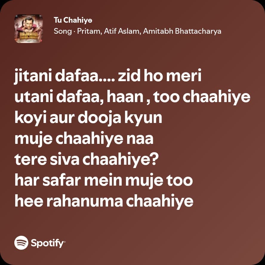 Spotify lyric screenshot for Tu Chahiye from the birthday playlist