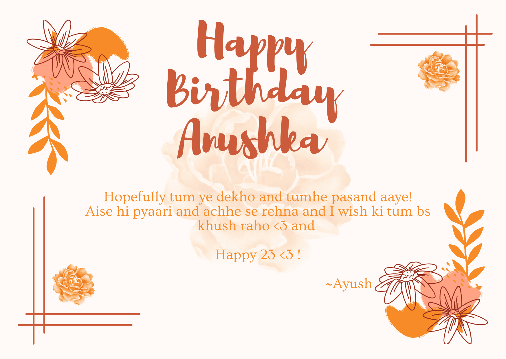 A birthday postcard for Anushka from Ayush